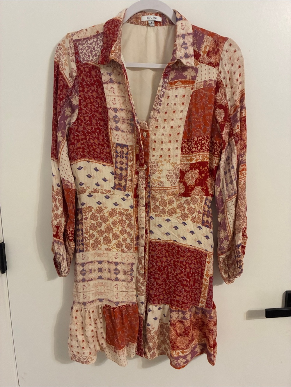 Boho Patchwork Button-Front Dress in Red & Cream HAS POCKETS